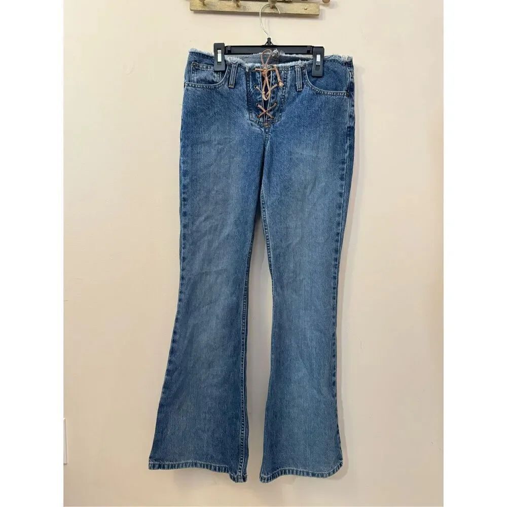 Vintage Y2K Exhilaration Frayed Waist Lace Up Flare Jeans 5